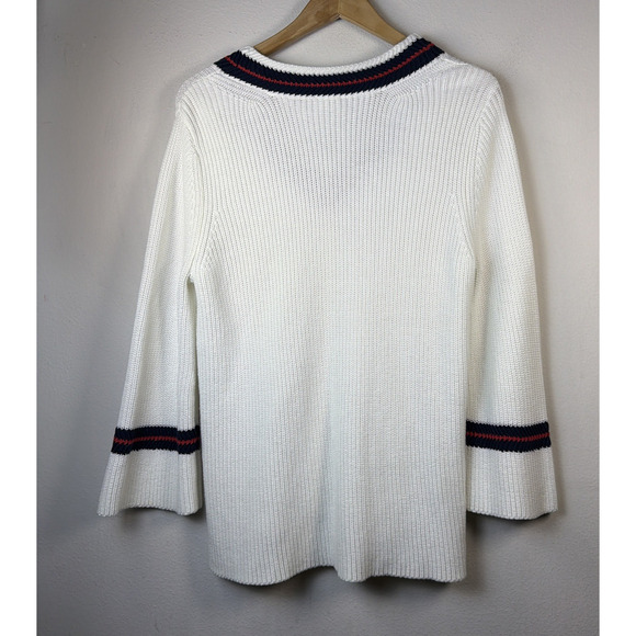 CABI Womens large White V Neck fisherman patriotic preppy sweater style #5639 - Picture 6 of 9